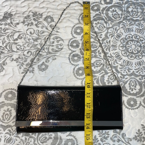 Vegan clutch black patent, like chrome, trim, pink satin interior - Picture 3 of 14